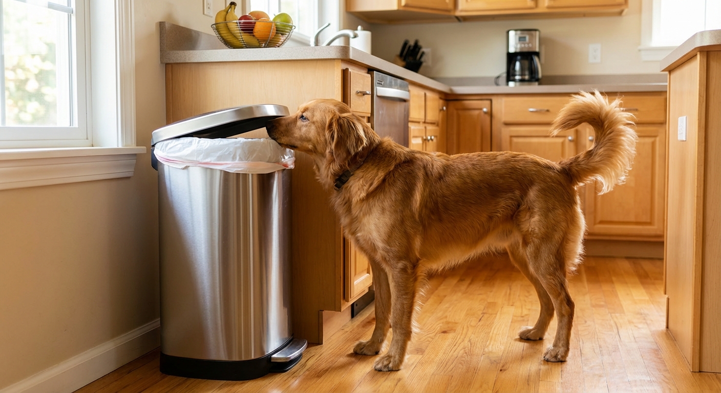 A medium-sized dog sniffing near a kitchen trash can in a home