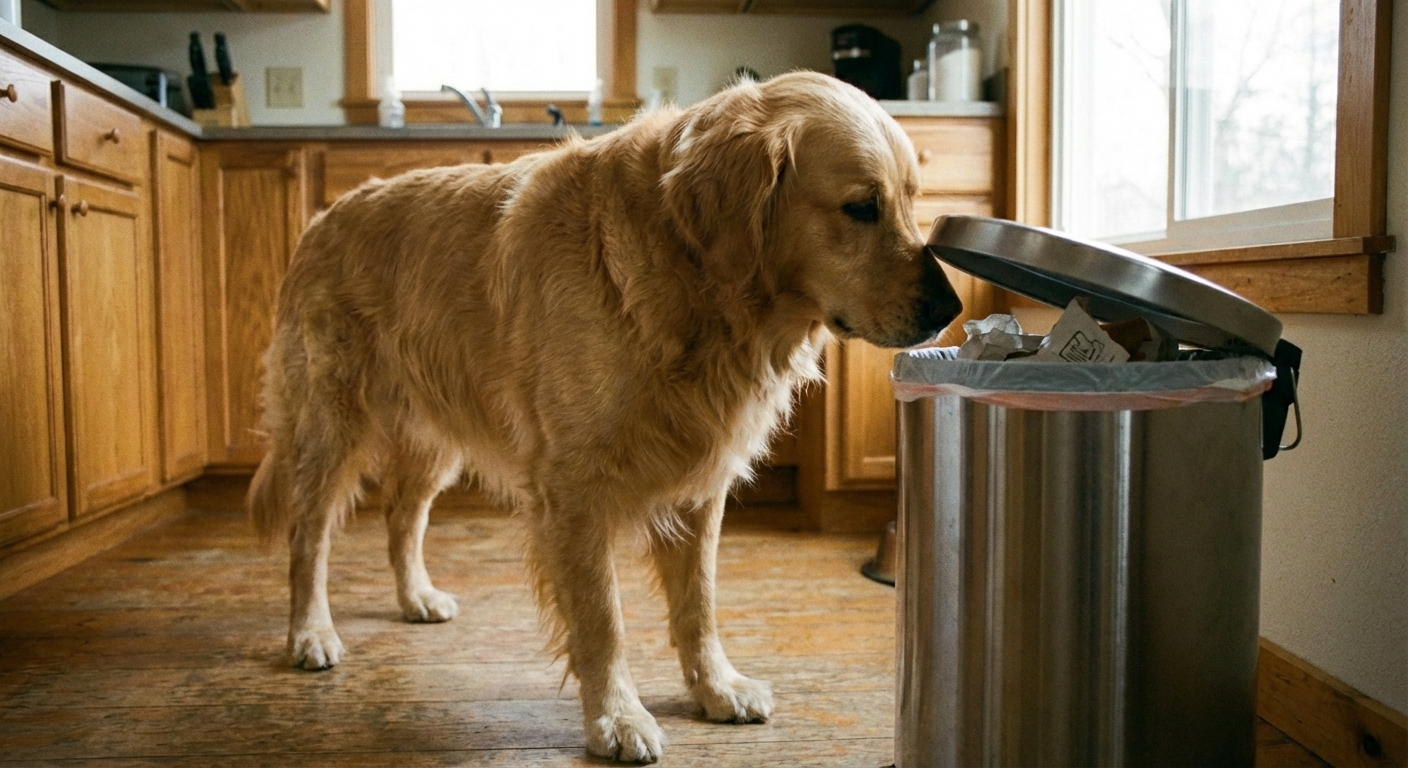 A medium-sized dog sniffing near an indoor trash can with the lid slightly open