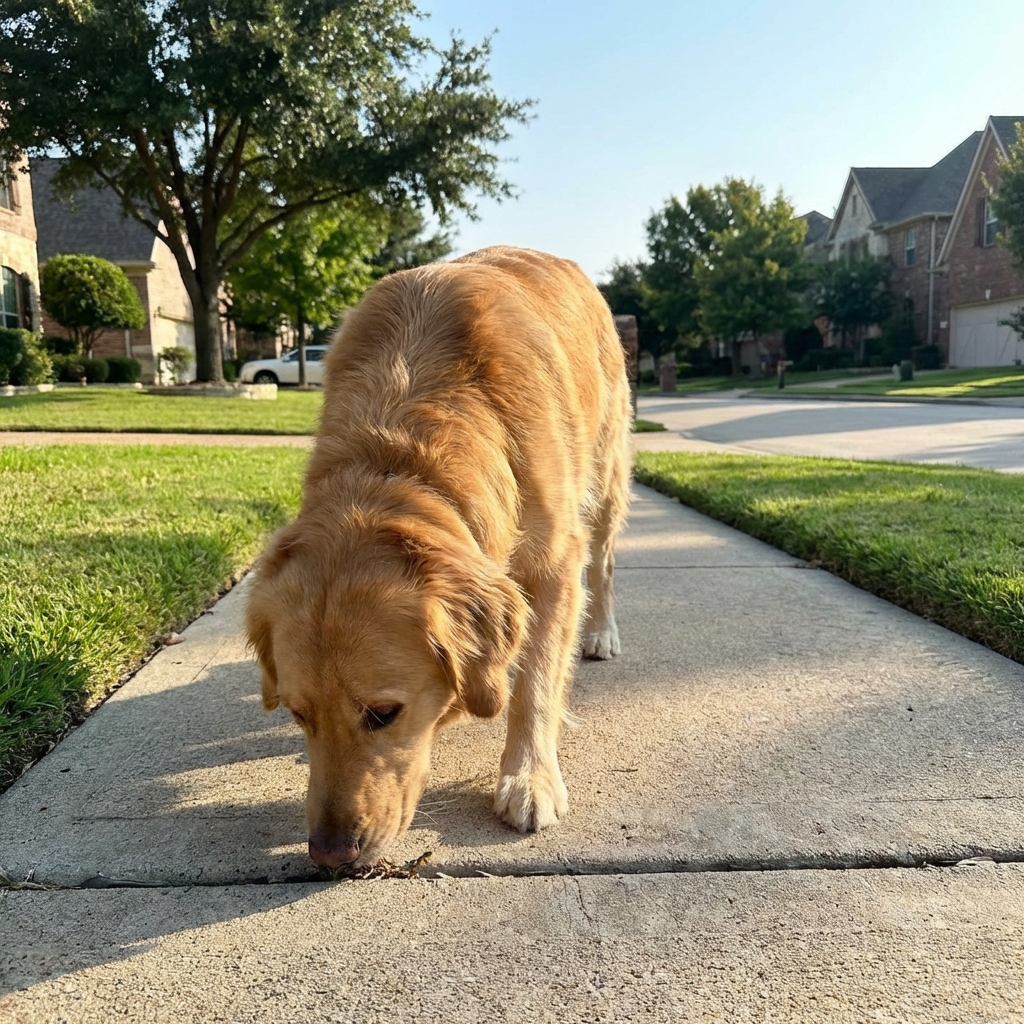 A medium-sized dog sniffing the ground on a suburban sidewalk during a morning walk