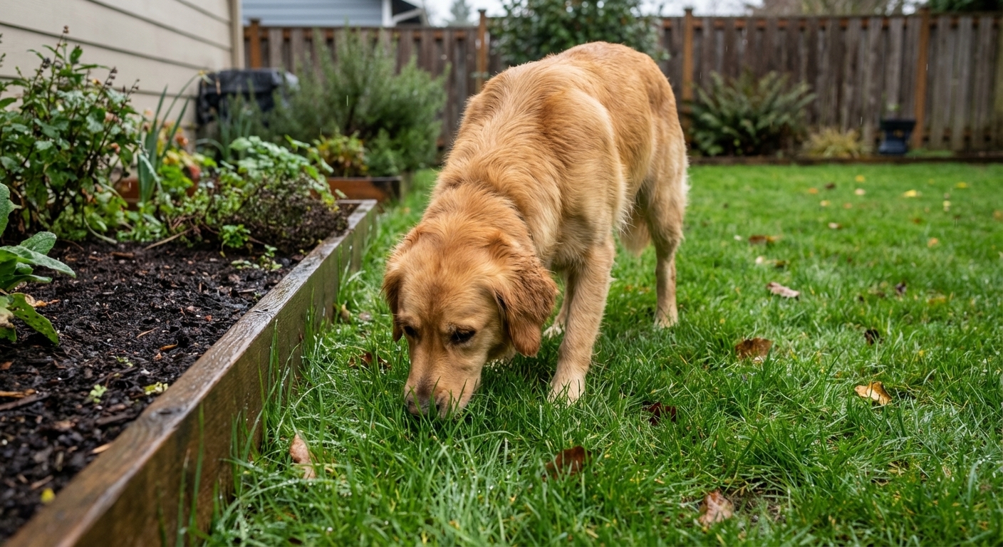 A medium-sized dog sniffing wet grass near a garden bed after rain in a suburban backyard, natural light photography