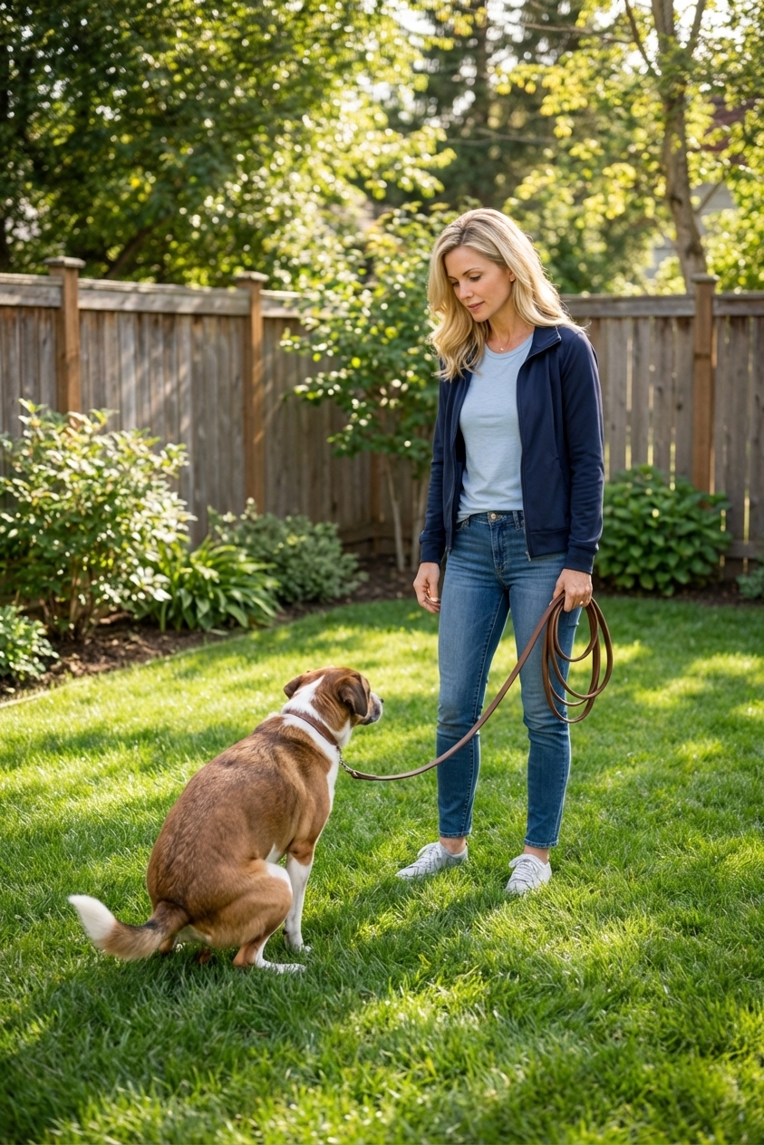 A medium-sized dog squatting in a grassy backyard while an owner stands nearby holding a leash, natural daylight, candid real-life photography