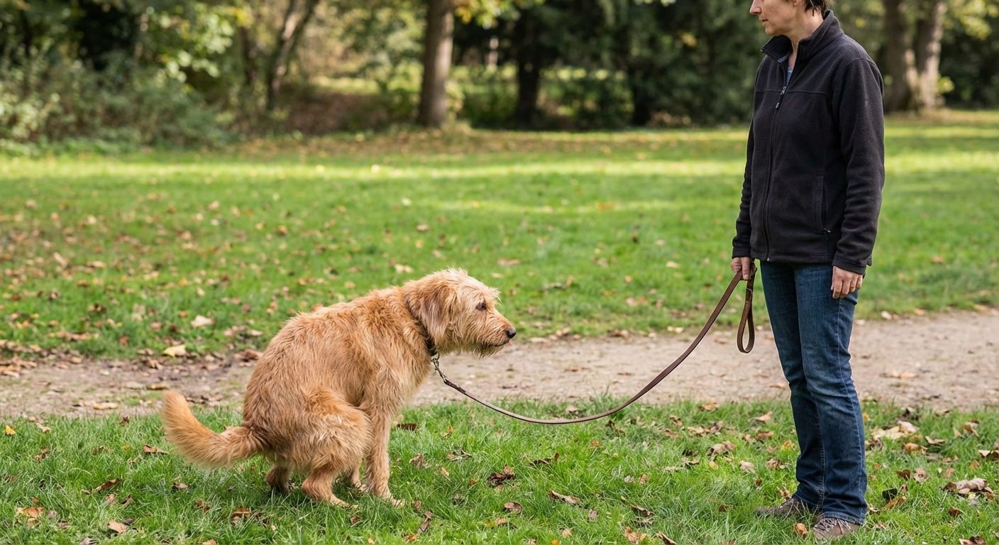 A medium-sized dog squatting on grass while a person waits nearby with a leash