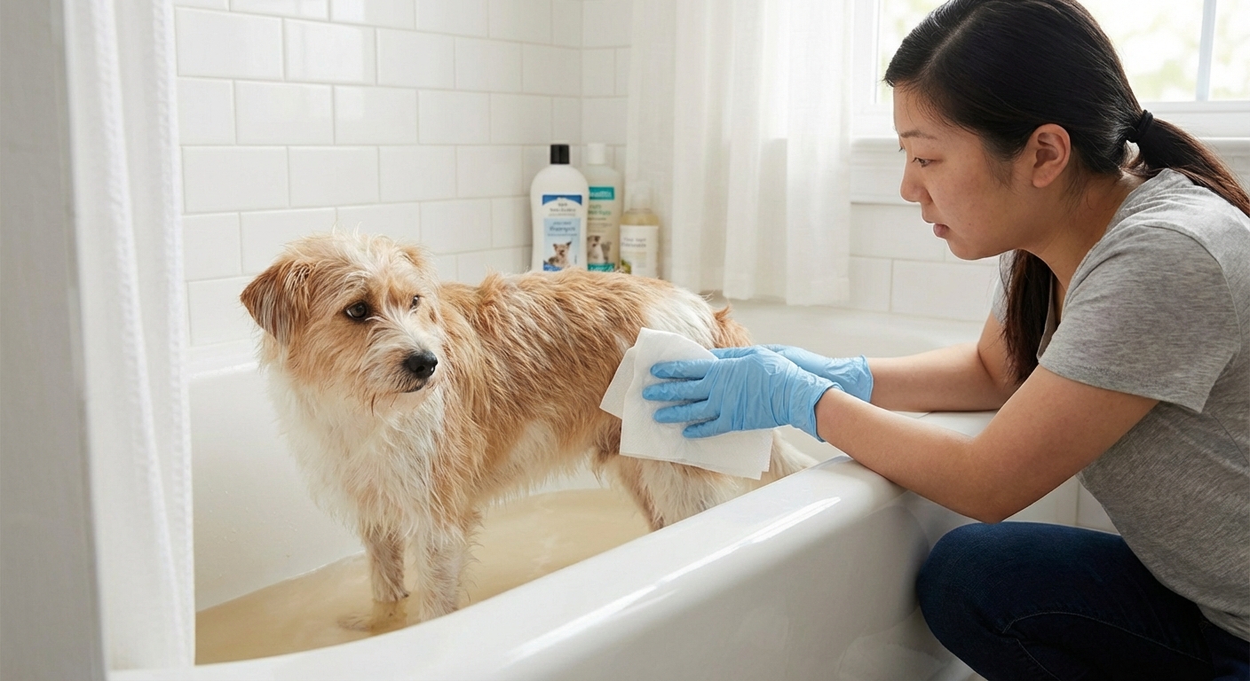 A medium-sized dog standing in a bathtub while an owner wearing gloves holds a folded paper towel near the dog’s rear