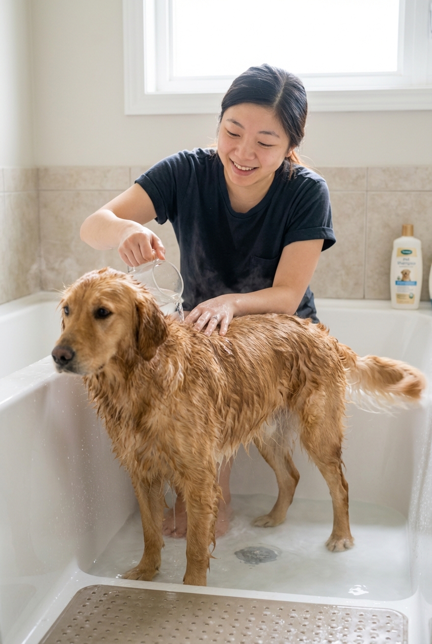 A medium-sized dog standing in a bathtub with shallow lukewarm water while a person gently pours water over the dog’s back