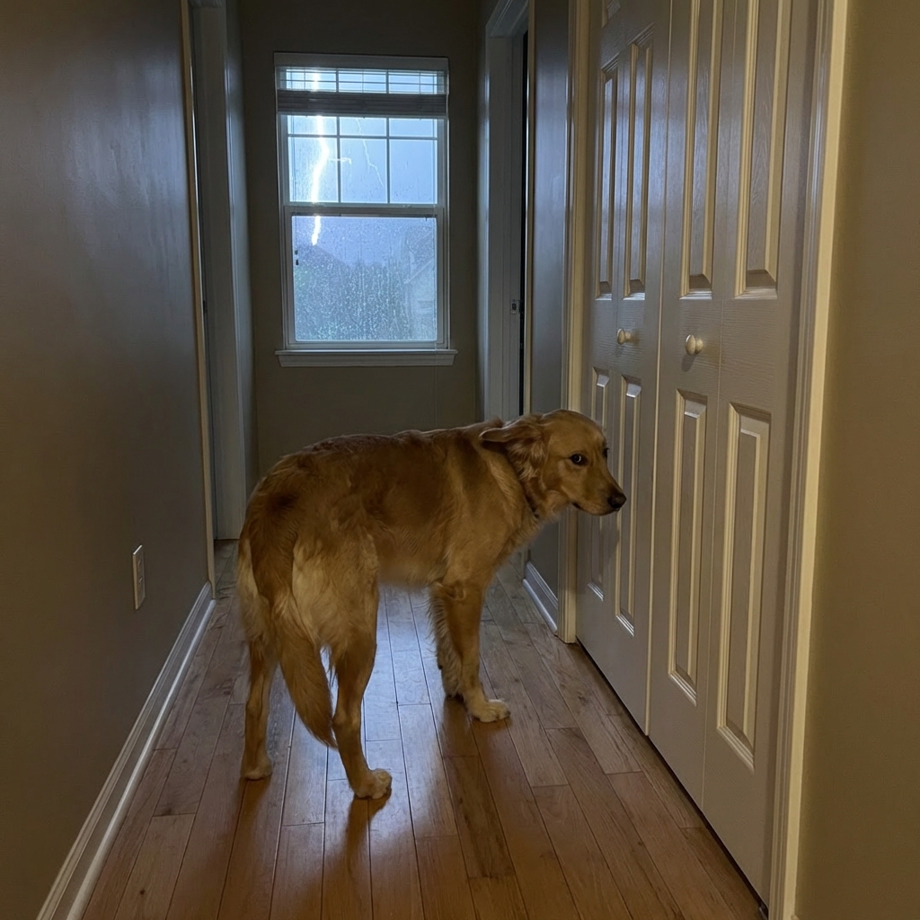 A medium-sized dog standing in a hallway near a closed closet door with ears back during a storm