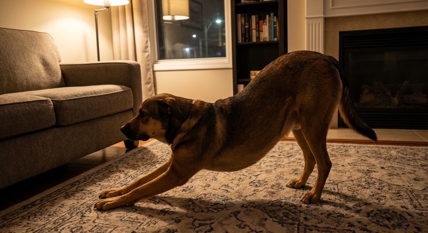 A medium-sized dog standing in a living room at night with a tense posture and a gentle back stretch, realistic photography style