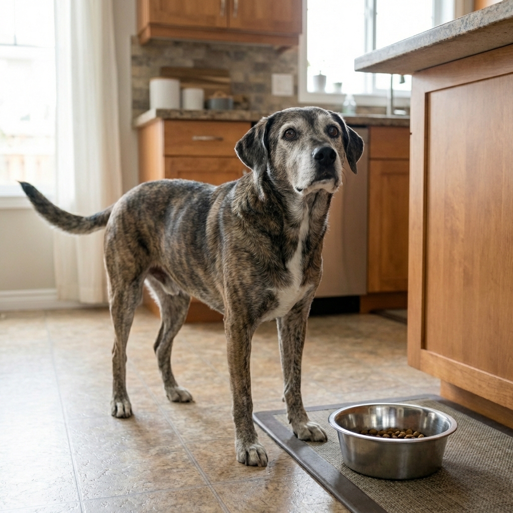 A medium-sized dog standing next to a food bowl, looking up expectantly in a home kitchen