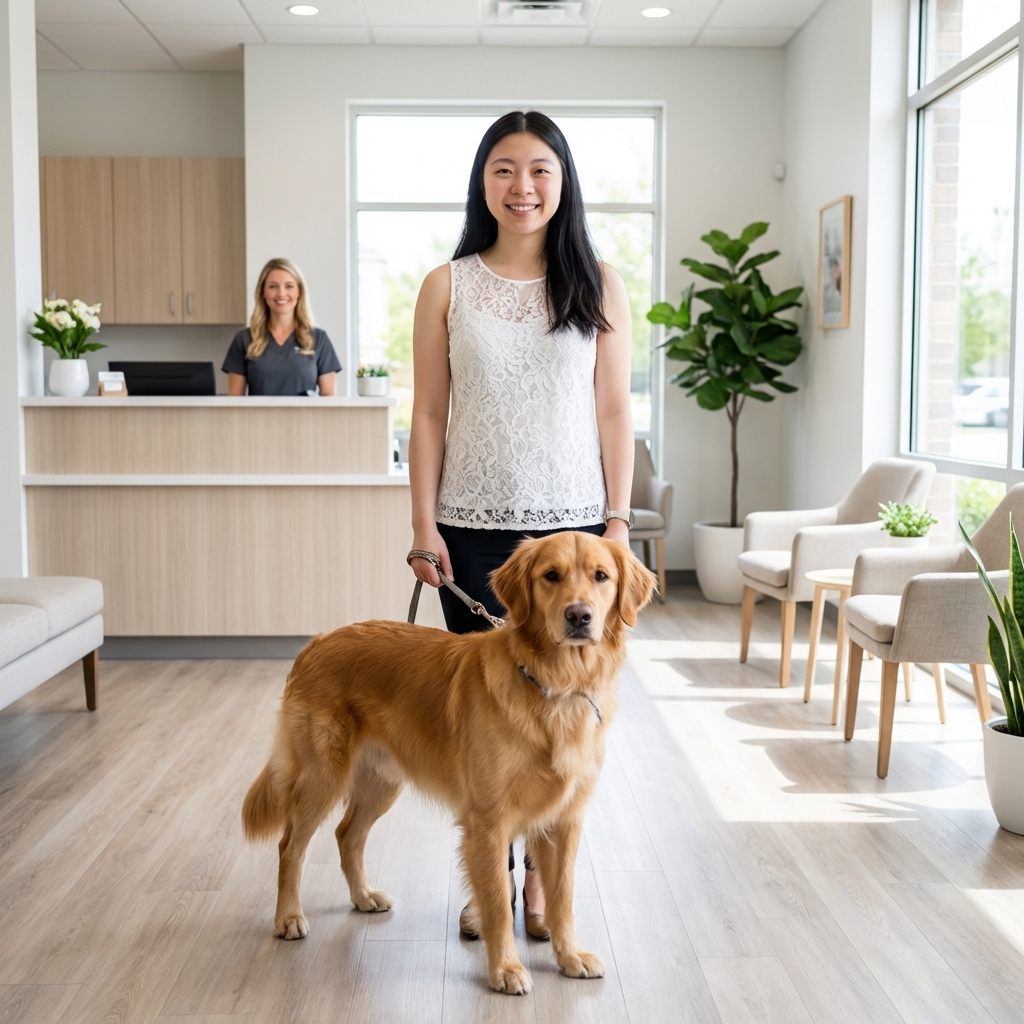 A medium-sized dog standing next to an owner in a veterinary clinic lobby