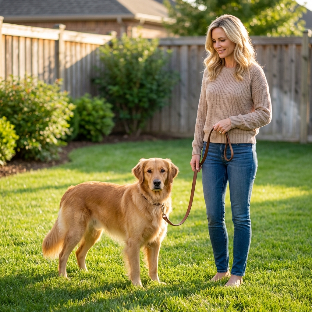 A medium-sized dog standing on a grassy yard while an owner holds a leash and waits calmly