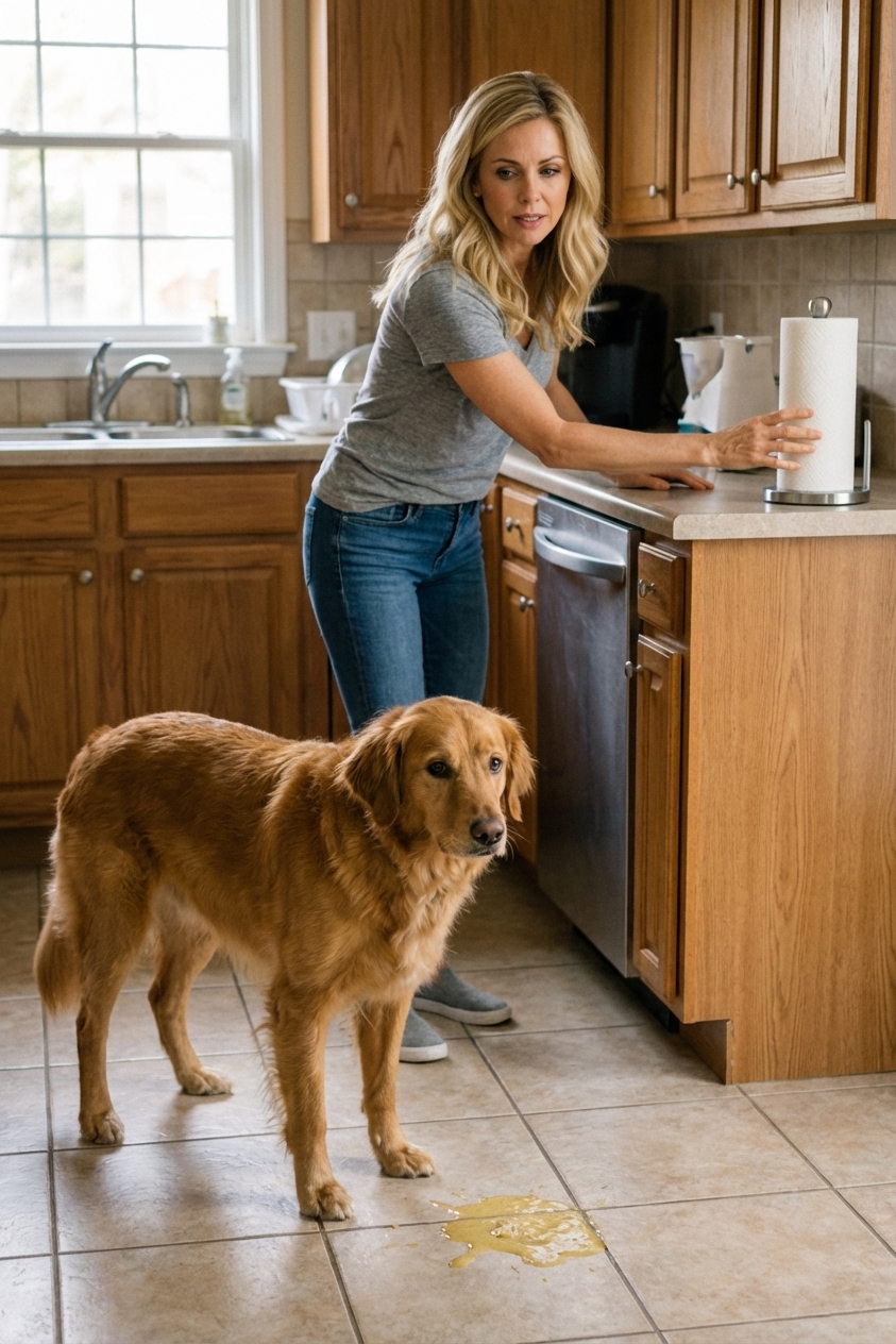 A medium-sized dog standing on a kitchen tile floor with a small fresh puddle of vomit nearby while an owner in the background reaches for paper towels, candid real-life indoor photo