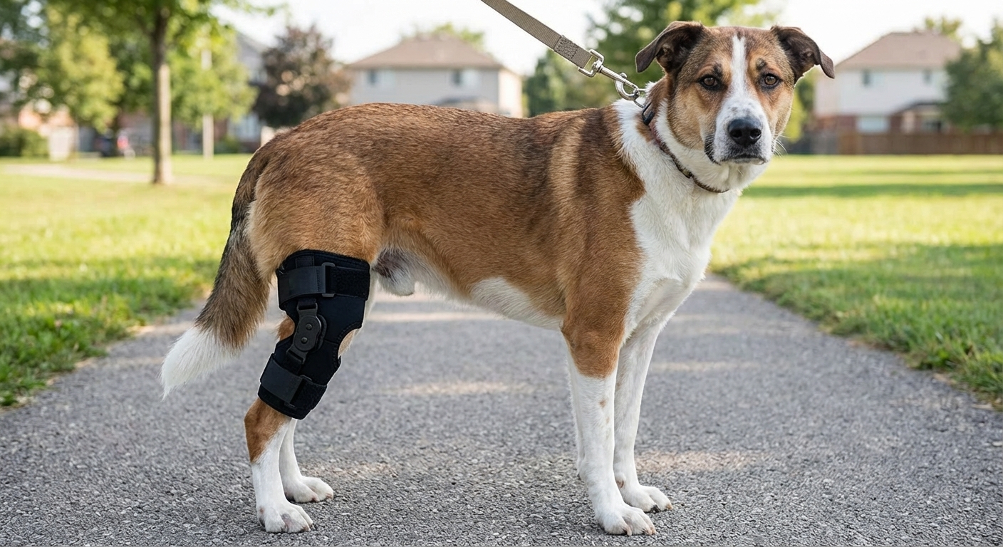 A medium-sized dog standing on a leash outdoors wearing a fitted black knee brace on the left hind leg, real-life pet photography