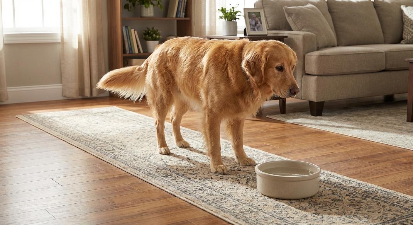 A medium-sized dog standing on a living room floor with non-slip runners leading to a water bowl