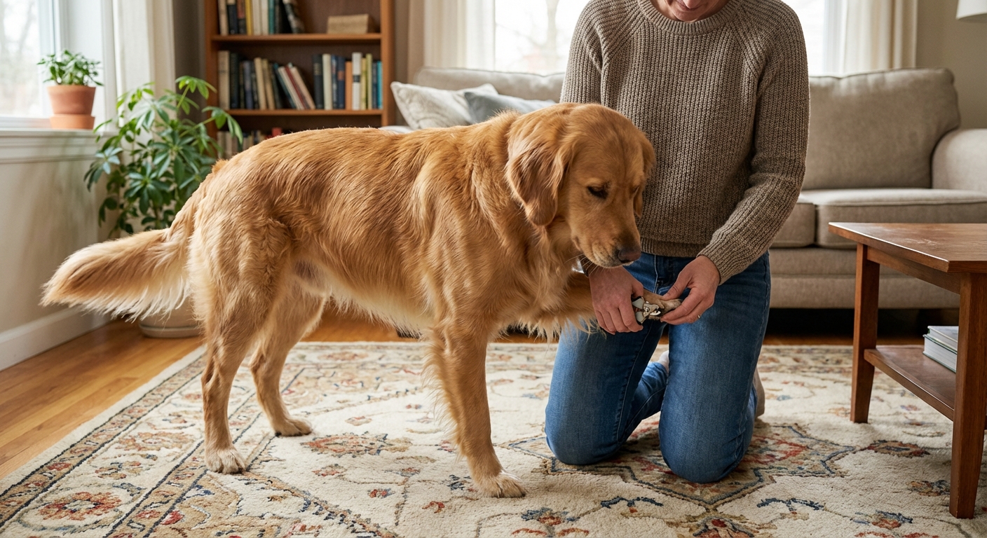 A medium-sized dog standing on a living room rug while a person trims the dog’s nails