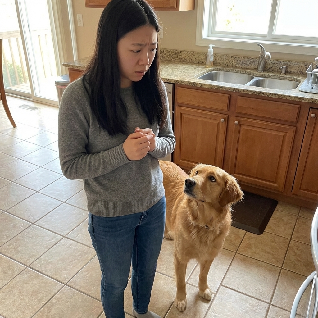 A medium-sized dog standing on a tile kitchen floor with a worried owner nearby, realistic photography