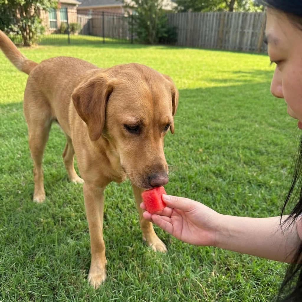 A medium-sized dog standing on grass sniffing a small cube of watermelon held in a person’s hand