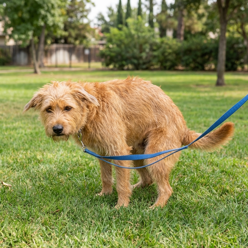 A medium-sized dog standing outdoors on grass while on a leash, looking uncomfortable as if needing to potty
