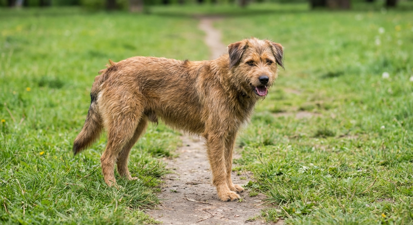 A medium-sized dog standing outdoors with mouth slightly open as if about to cough