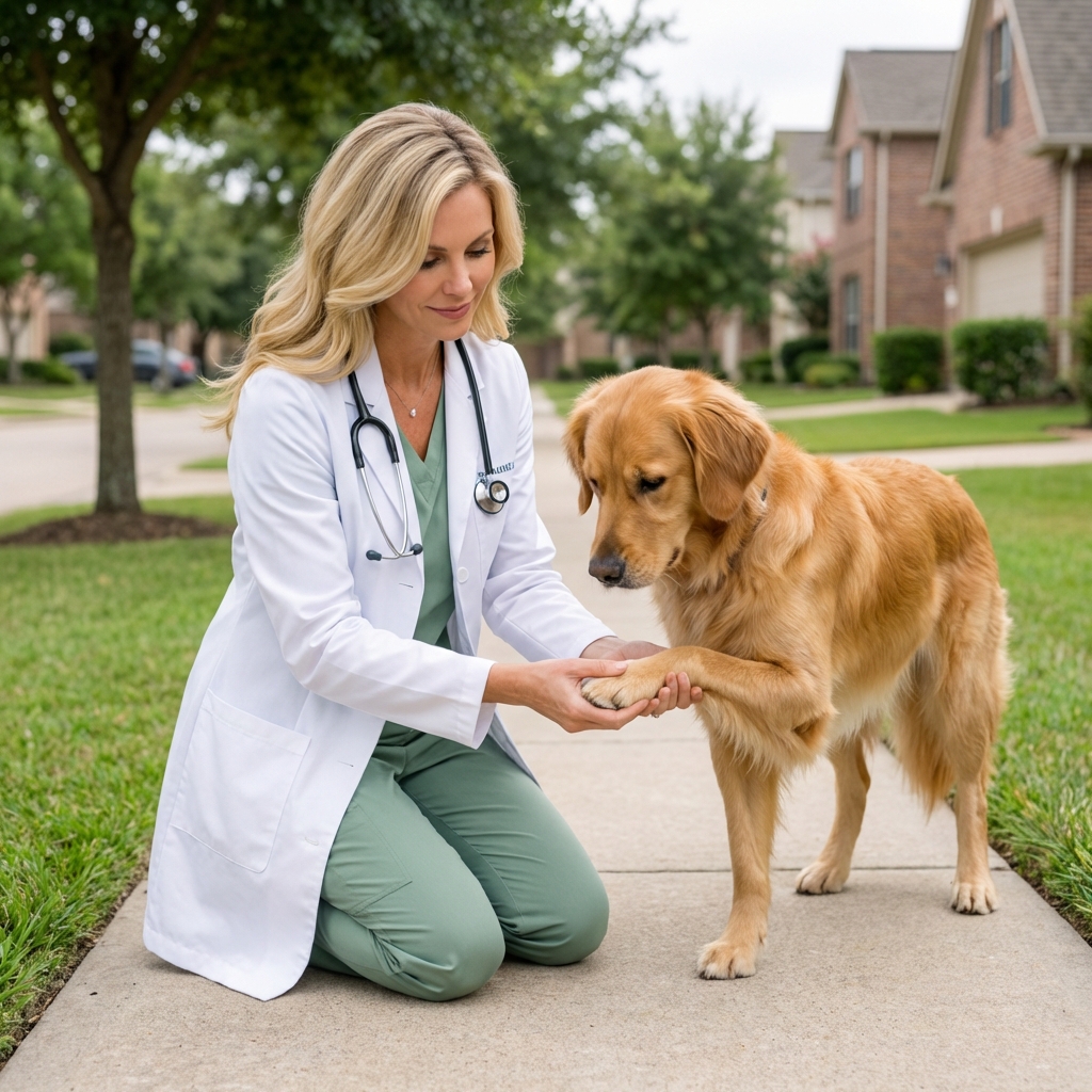 A medium-sized dog standing outside on a sidewalk while a person gently checks the dog’s paw pads