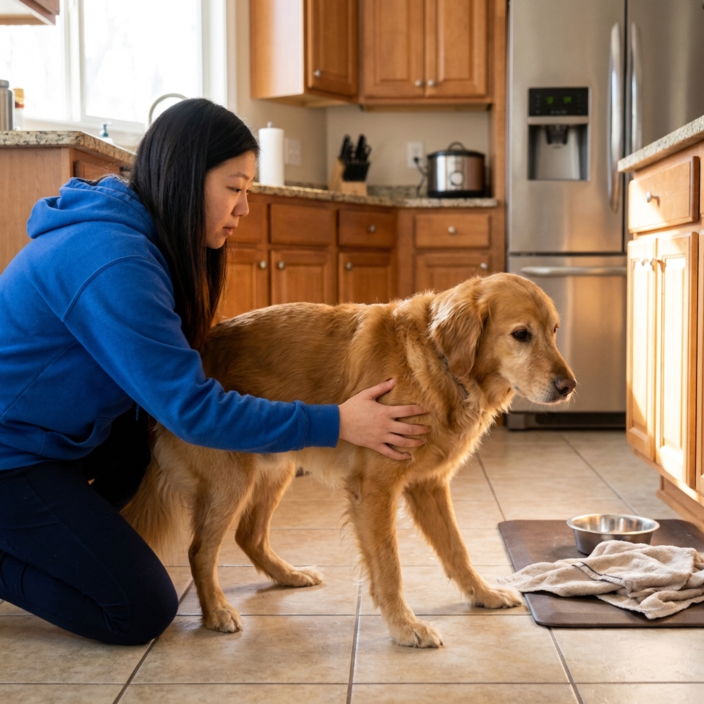 A medium-sized dog standing unsteadily on a kitchen floor while an owner steadies them with a hand