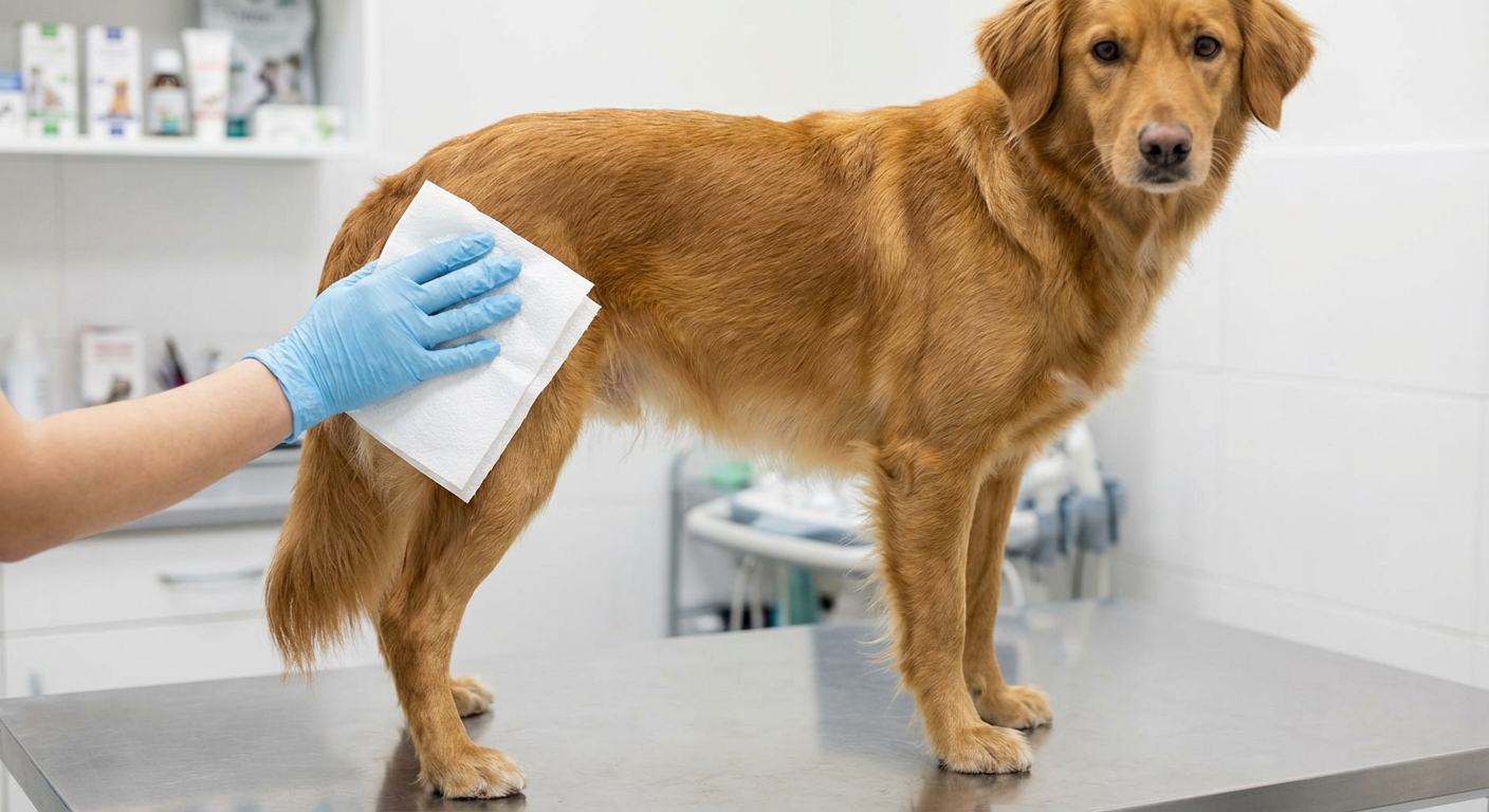 A medium-sized dog standing while a gloved hand holds a paper towel near the base of the tail