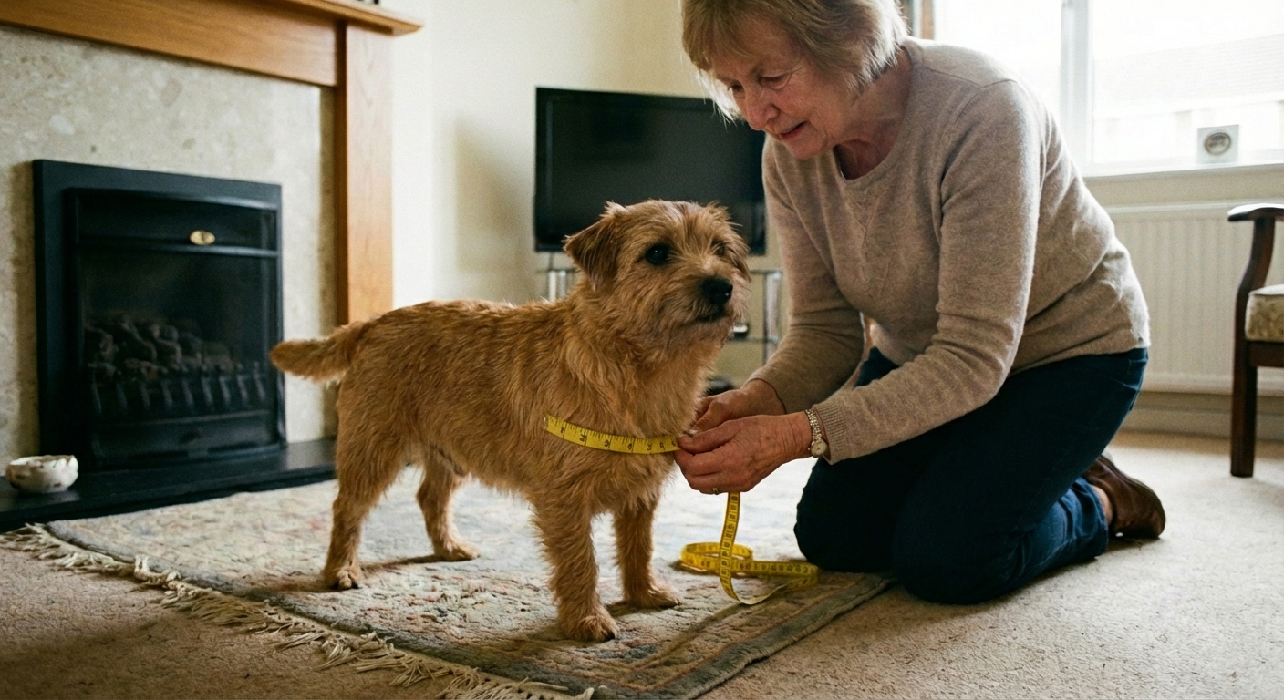 A medium-sized dog standing while a person wraps a measuring tape behind the front legs around the ribcage