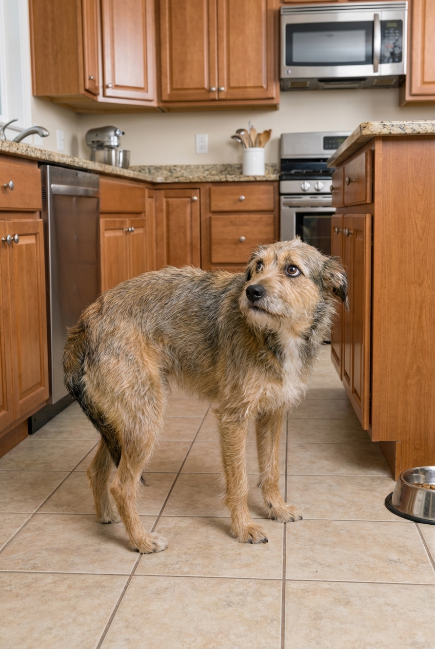 A medium-sized dog standing with a hunched back in a kitchen, looking uncomfortable