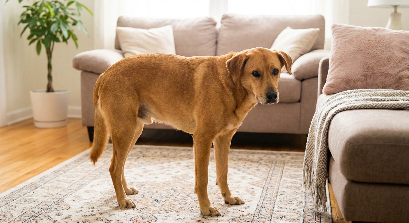 A medium-sized dog standing with a slightly hunched posture in a home living room