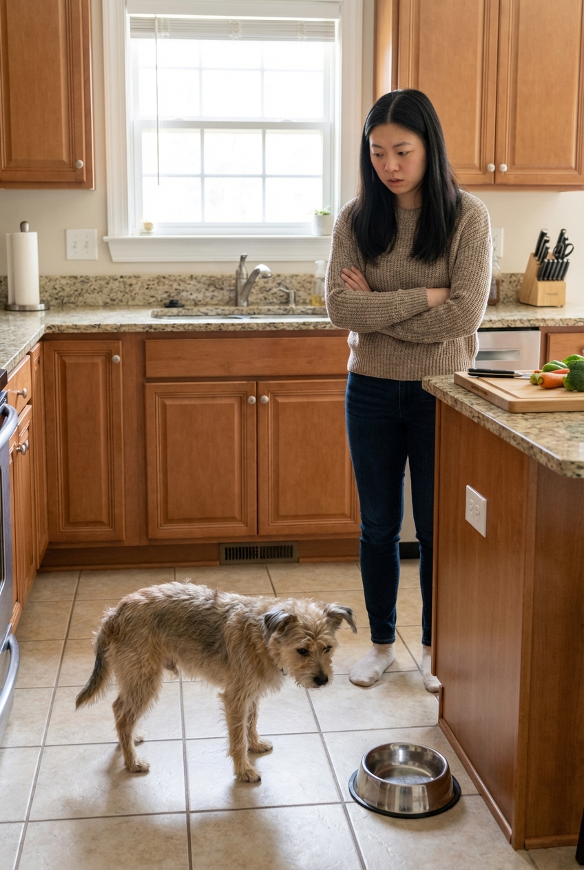 A medium-sized dog standing with a slightly hunched posture on a kitchen floor while a person watches closely