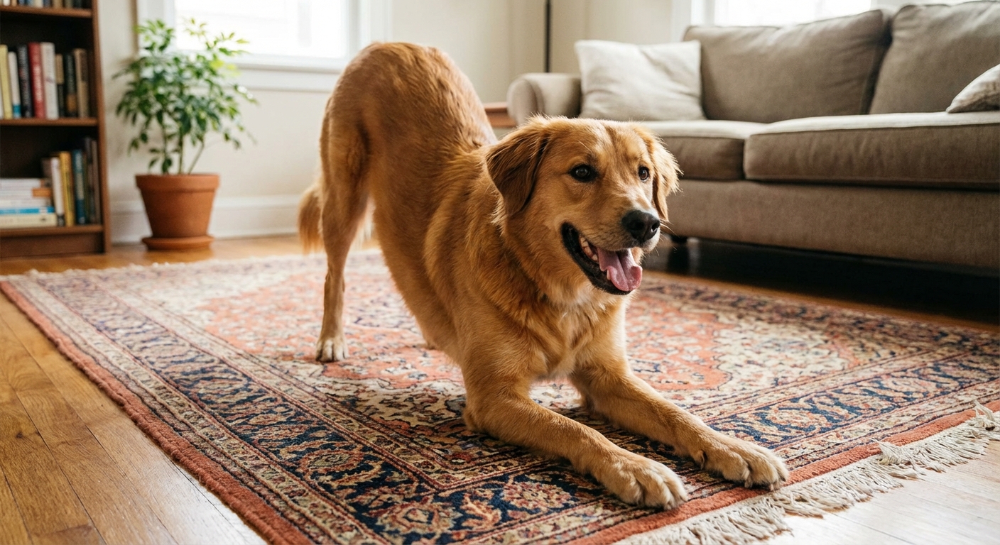 A medium-sized dog standing with front legs stretched forward in a play-bow posture on a living room rug