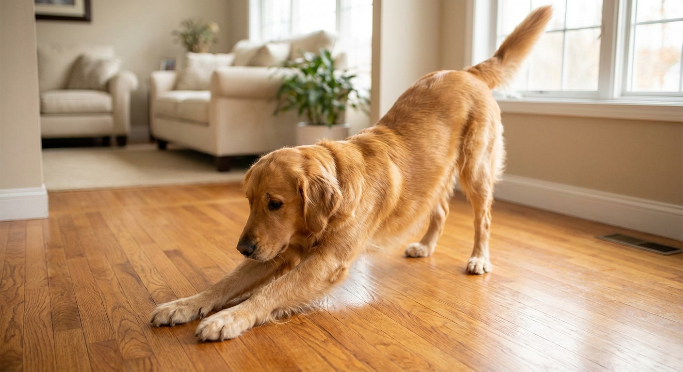 A medium-sized dog stretching with front legs extended and rear end raised on a hardwood floor