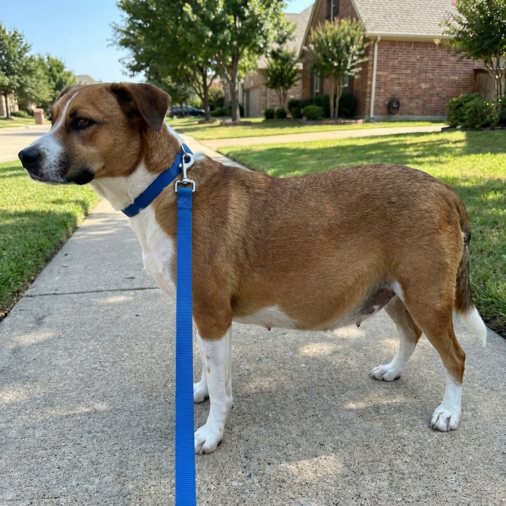 A medium-sized dog viewed from the side on a leash outdoors with a rounded, low-hanging abdomen
