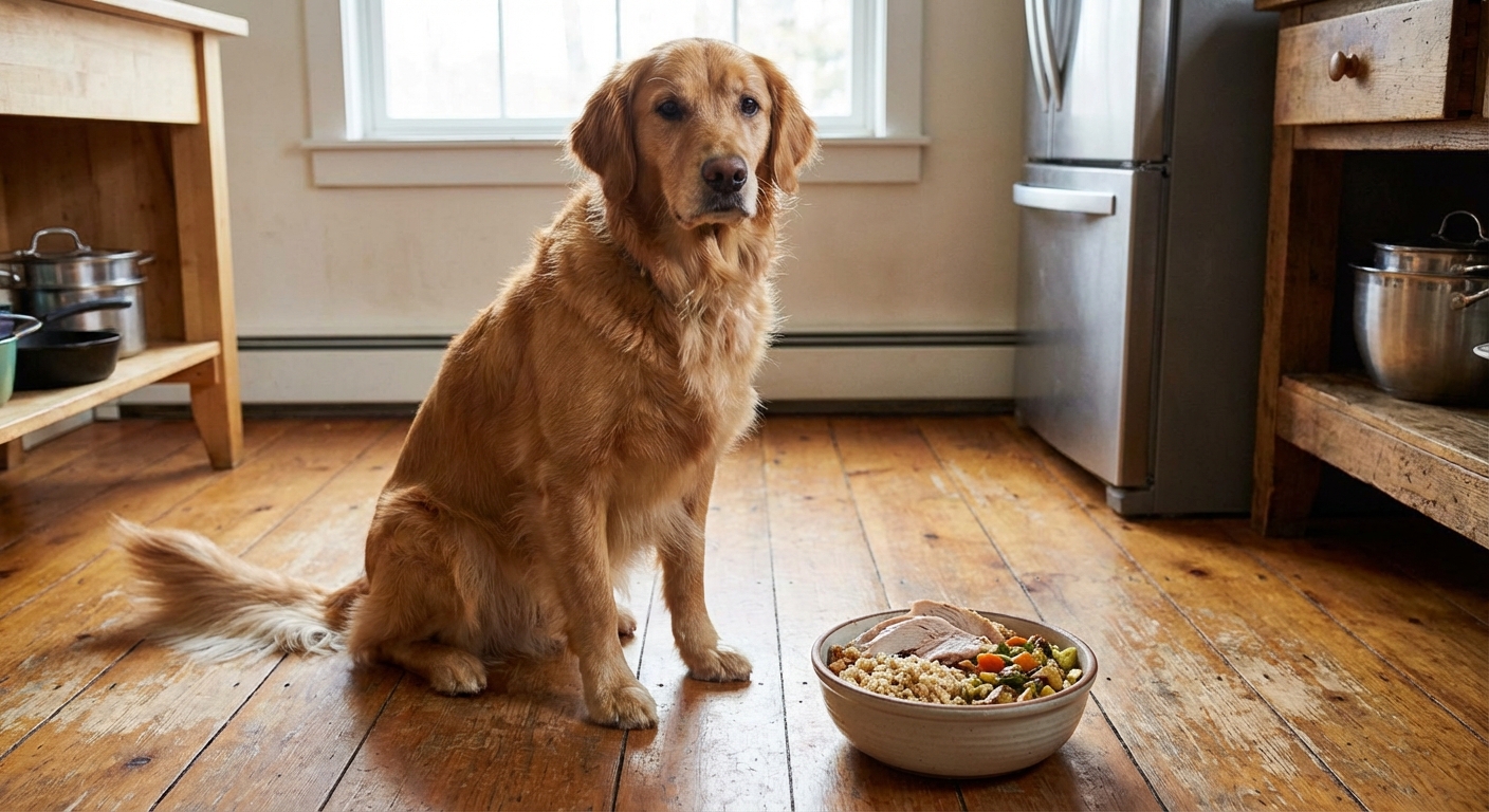 A medium-sized dog waiting patiently beside a bowl of cooked turkey and rice