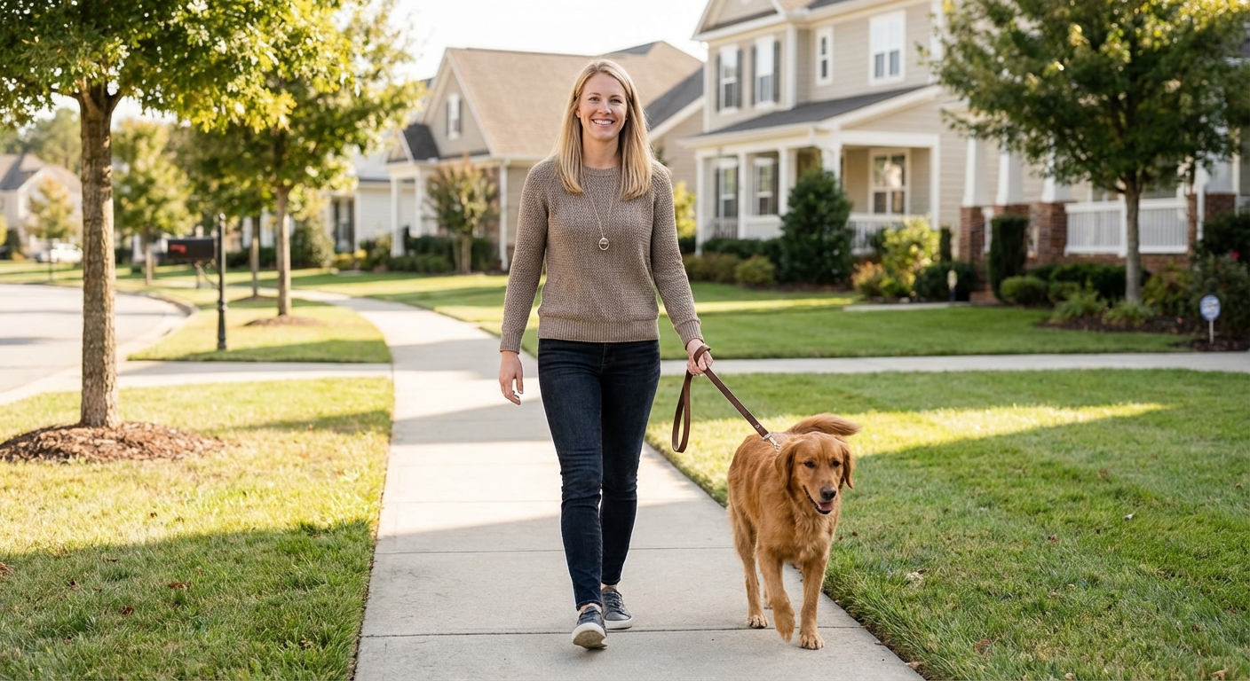A medium-sized dog walking on a leash with a person on a quiet neighborhood sidewalk during daylight