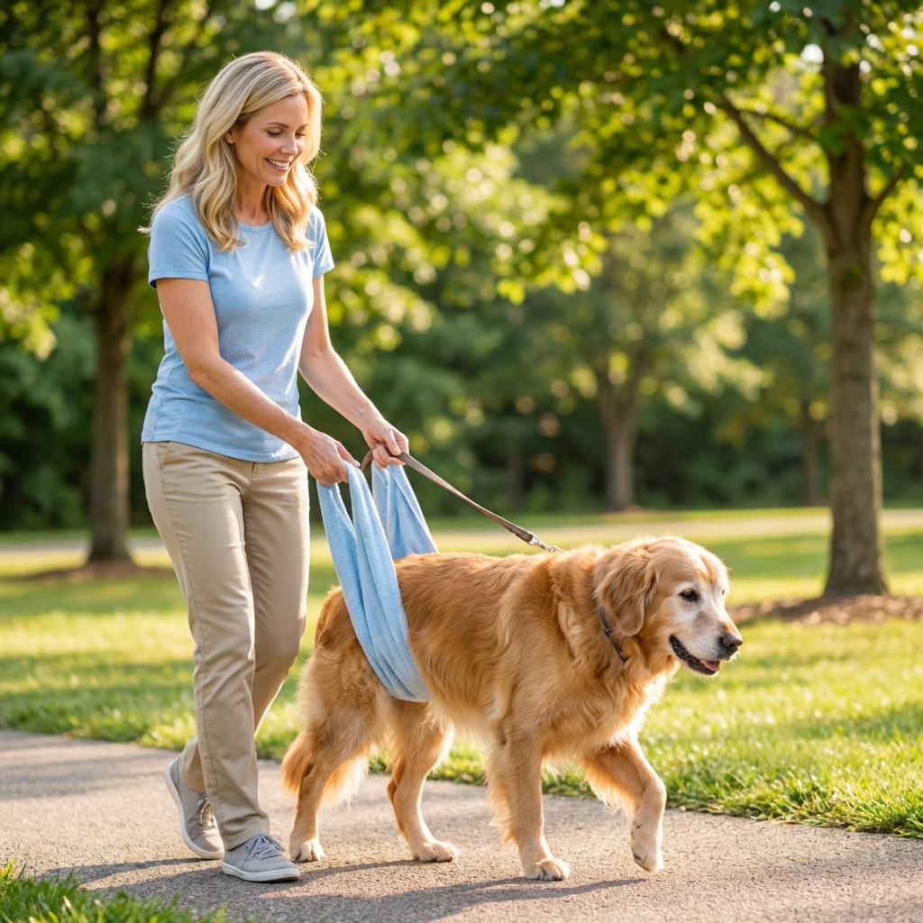 A medium-sized dog walking slowly on a leash outdoors with an owner using a towel sling under the dog’s belly for support
