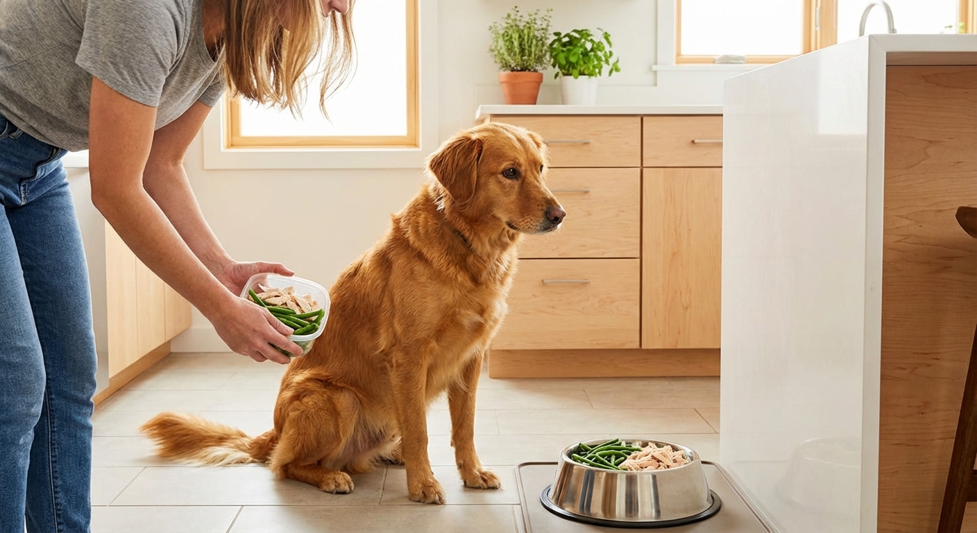 A medium-sized dog watching as a person adds steamed green beans and shredded chicken to a dog bowl