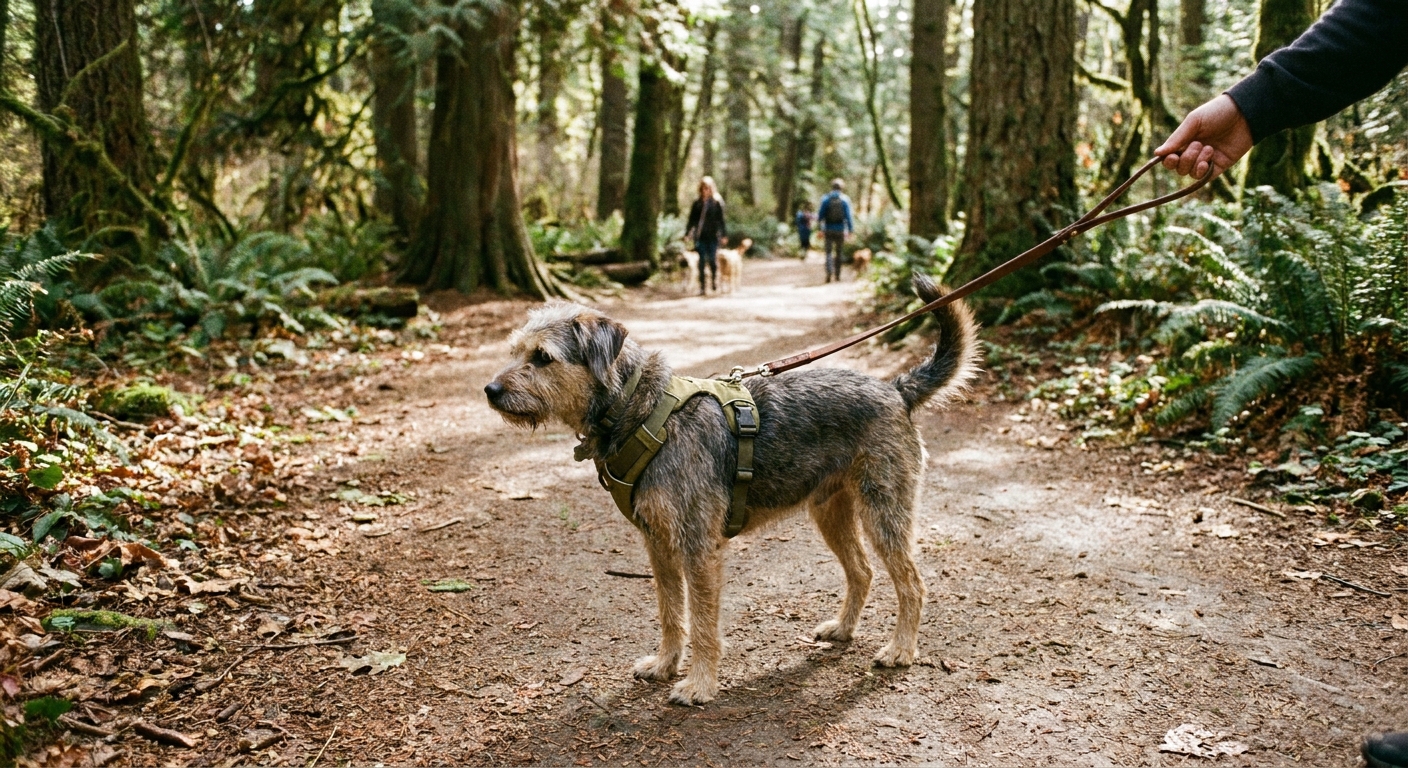 A medium-sized dog wearing a comfortable harness walking calmly on a leash in a shaded park