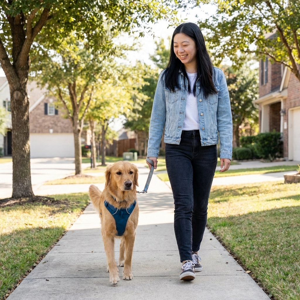A medium-sized dog wearing a harness instead of a collar while being walked calmly on a quiet sidewalk