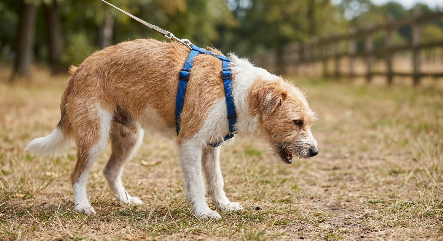 A medium-sized dog wearing a harness on a leash outdoors with their mouth slightly open as if coughing