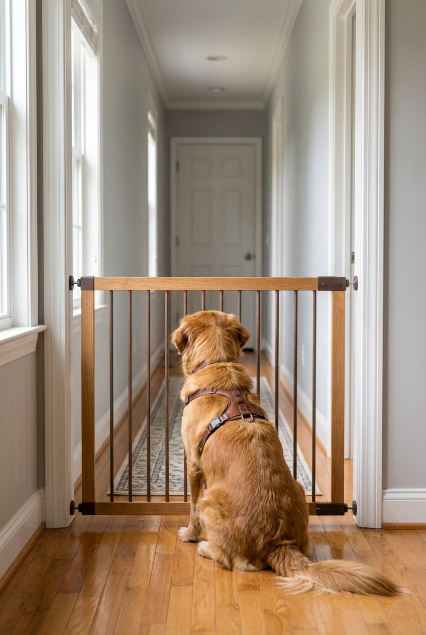A medium-sized dog wearing a harness while a baby gate separates the dog from a hallway