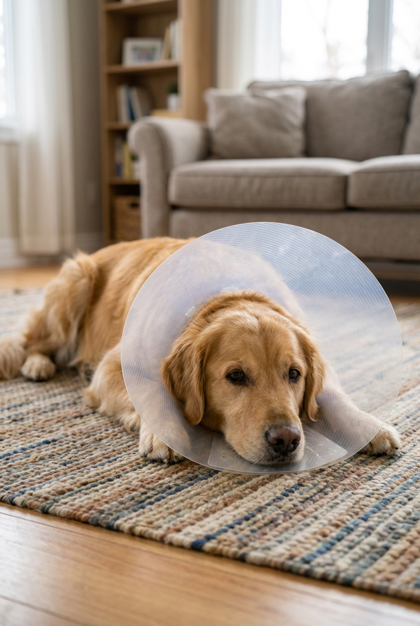 A medium-sized dog wearing an Elizabethan collar while resting calmly on a living room rug