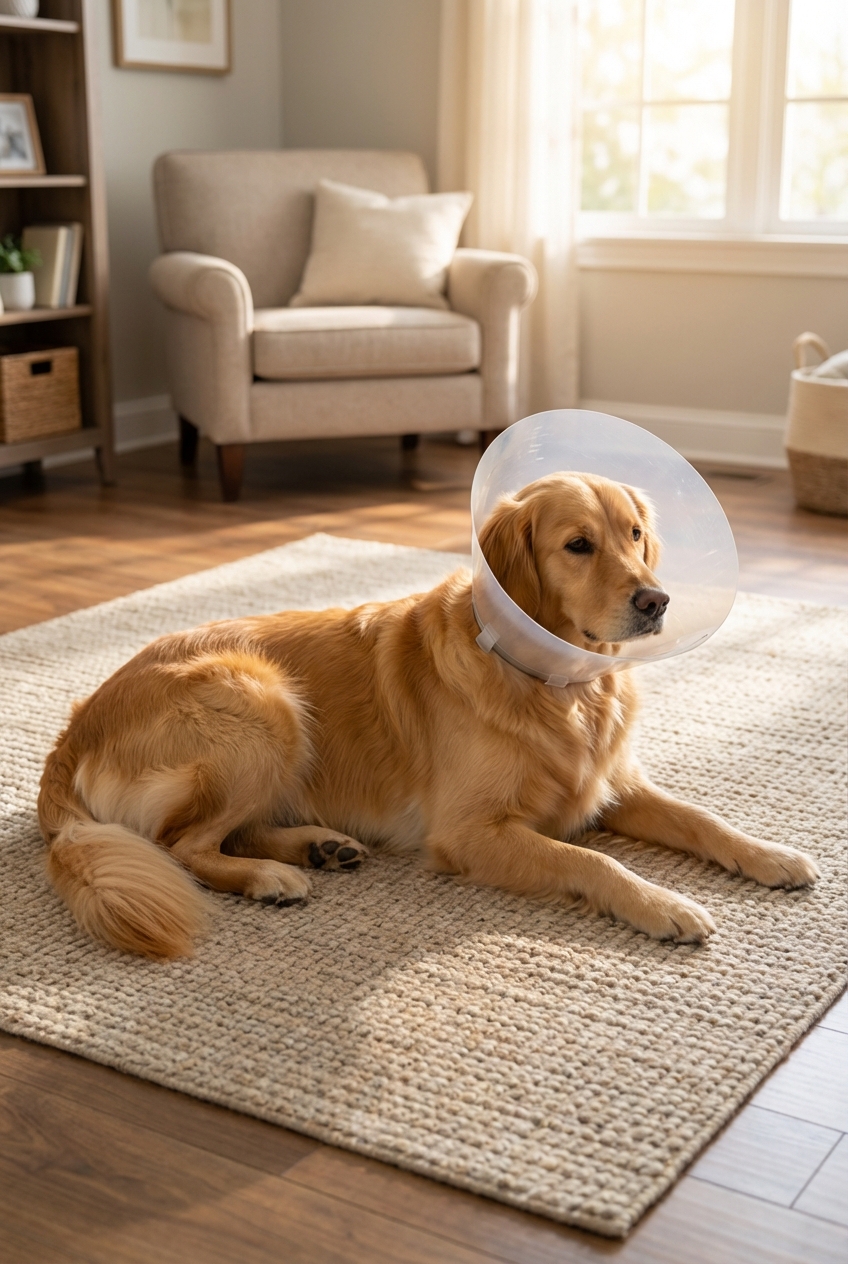 A medium-sized dog wearing an e-collar while resting calmly on a living room rug