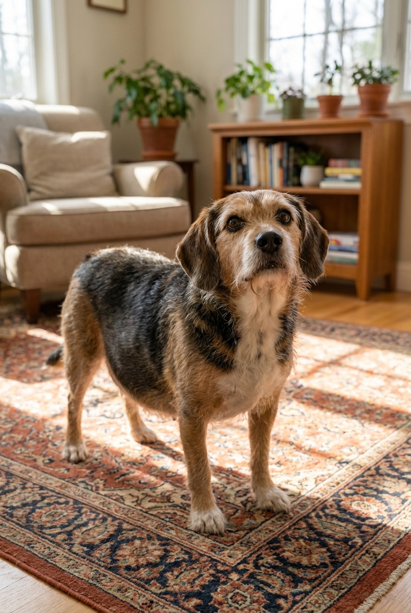 A medium-sized dog with a rounded belly standing on a living room rug while looking up at the camera
