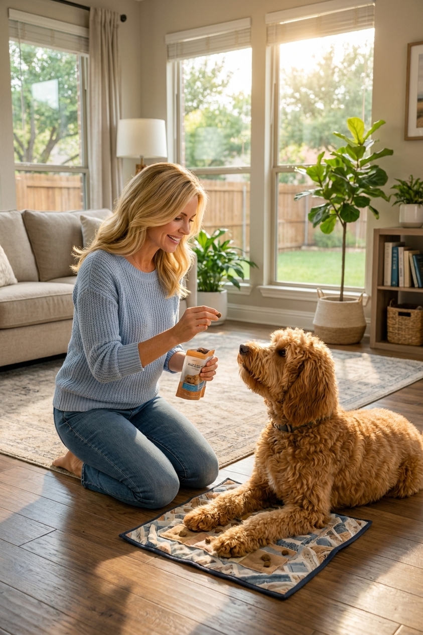 A medium-sized doodle dog lying calmly on a training mat in a bright Texas living room while an owner holds treats, lifestyle photo