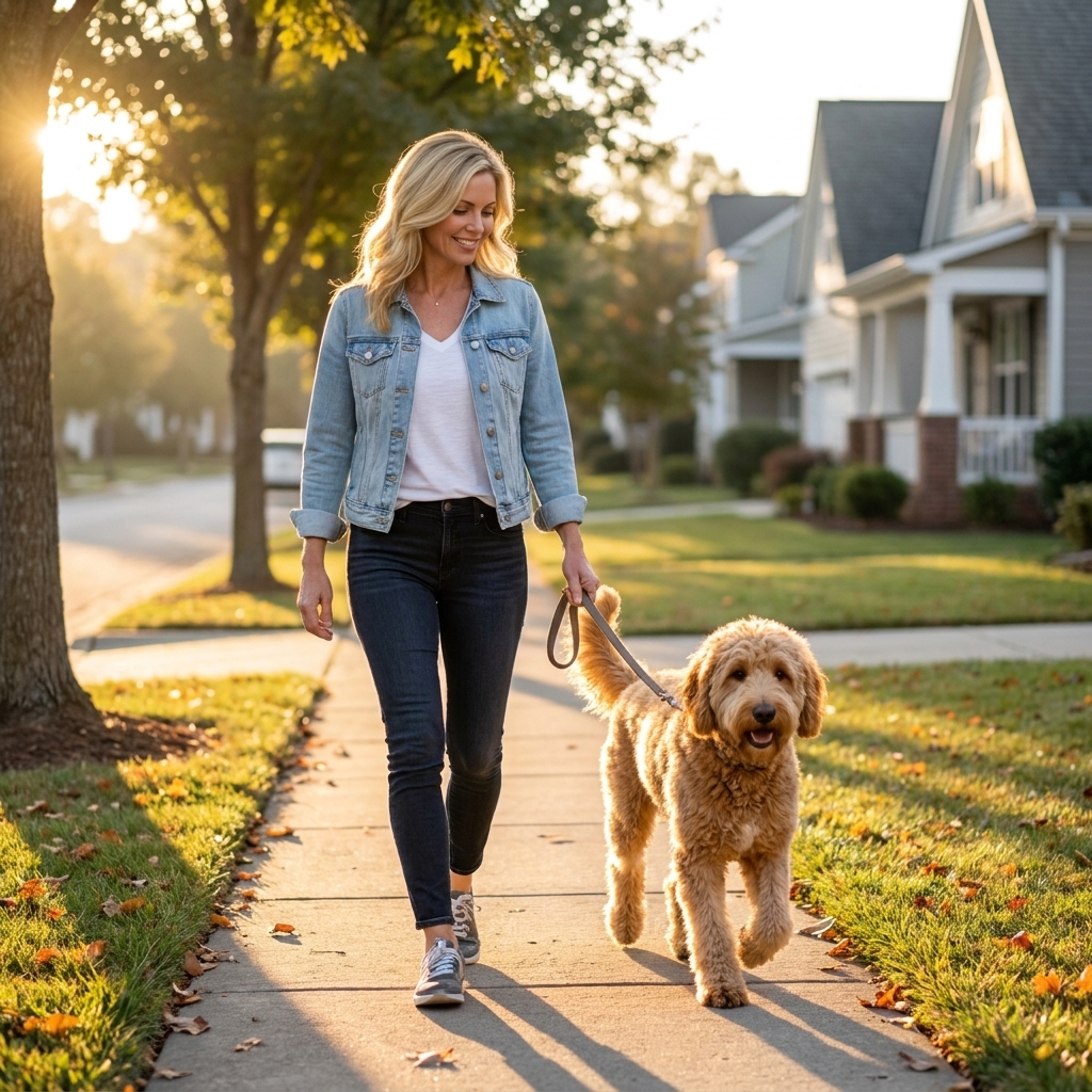 A medium-sized doodle dog on a leash walking with an owner on a quiet suburban sidewalk in morning light, real photography style