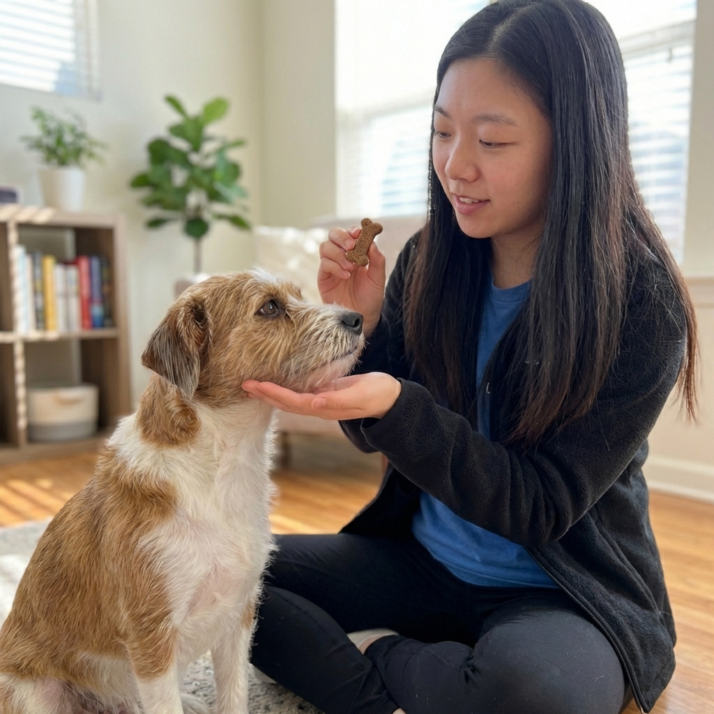 A medium-sized doodle-mix dog calmly resting its chin in a person’s hand while the person holds a treat in the other hand