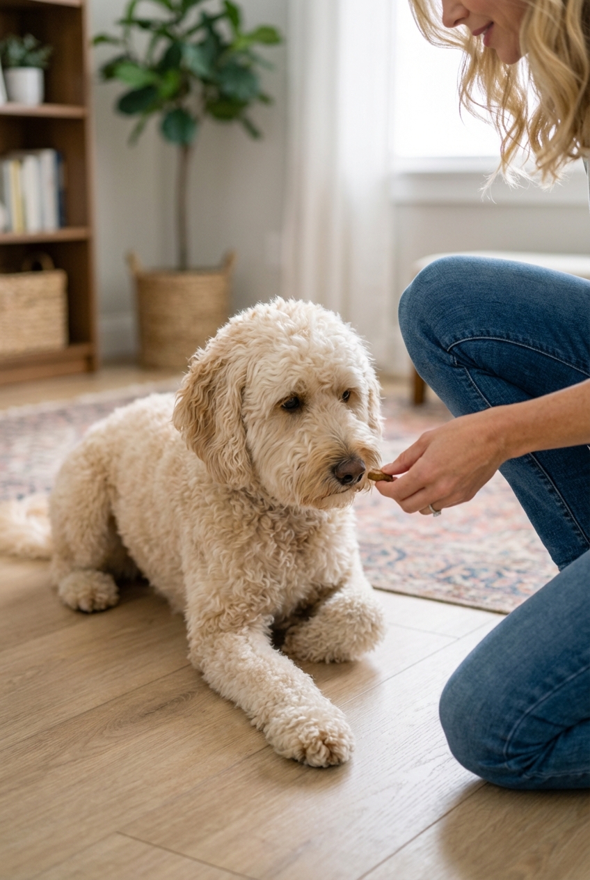 A medium-sized doodle mix lowering into a down while following a treat under a person's raised knee
