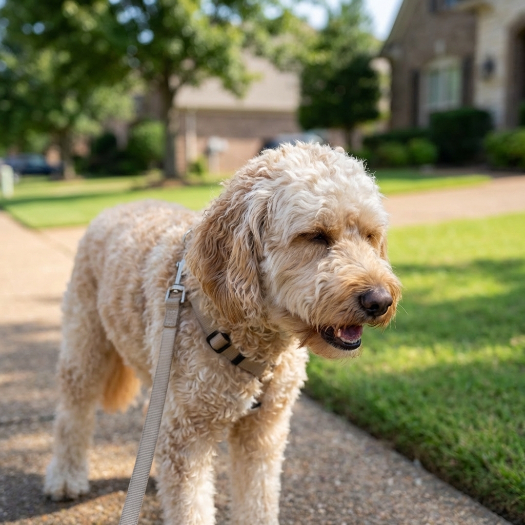 A medium-sized doodle mix on a leash outdoors with its mouth slightly open as if about to cough