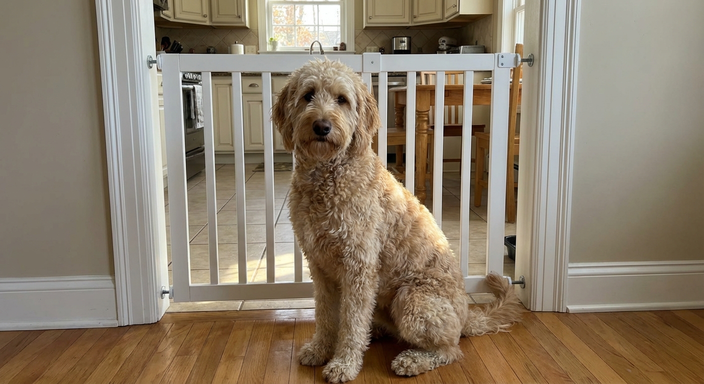 A medium-sized doodle mix sitting politely near a kitchen doorway with a baby gate