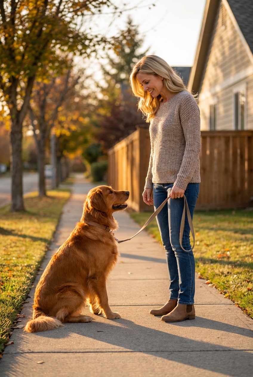 A medium-sized female dog sitting on a sidewalk during golden hour while her owner holds a leash and looks down at her