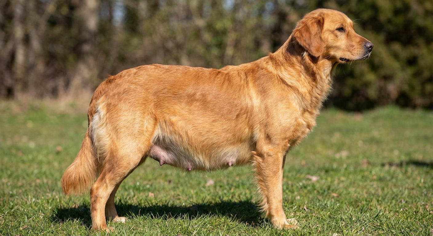 A medium-sized female dog standing sideways on grass with a slightly rounded belly